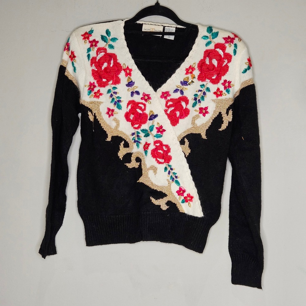 Vtg Jaclyn Smith Women's Black Floral Embroidered Size S Cottagecore Holiday